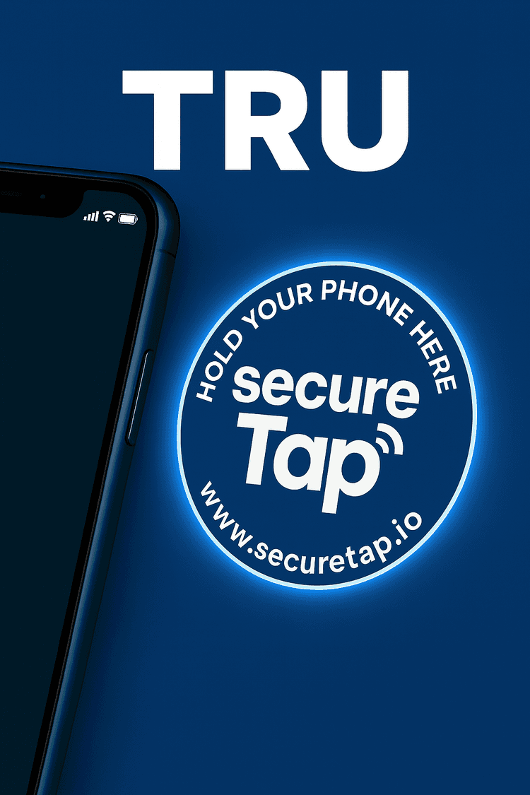Image with phone and a SecureTap NFC RFID tag that says hold your phone here, and the TRU brand at the top.